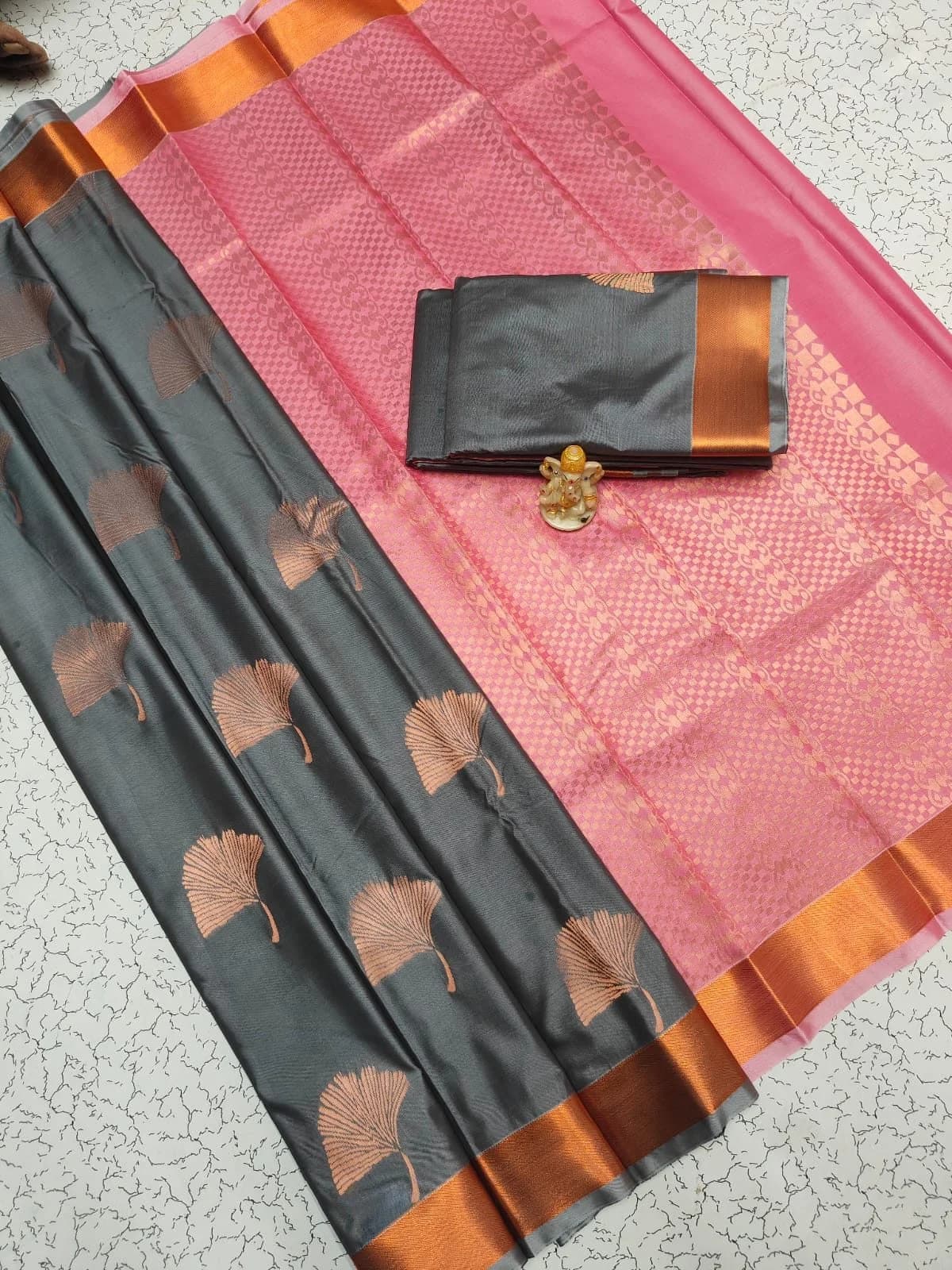 Arani Border Soft Silk Sarees ARS010 - Charcoal Grey – image 1 of 2