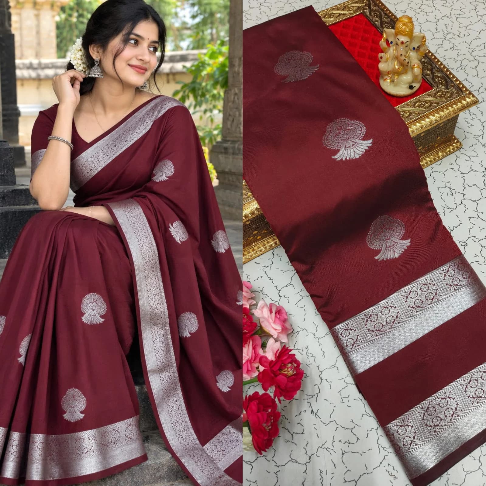 FANCY SOFT SILK SAREES ARS030 - Dark Maroon