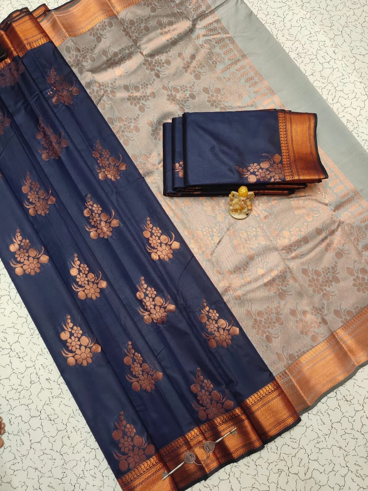 Arani Border Soft Silk Sarees ARS007 - Navy Blue – image 1 of 2