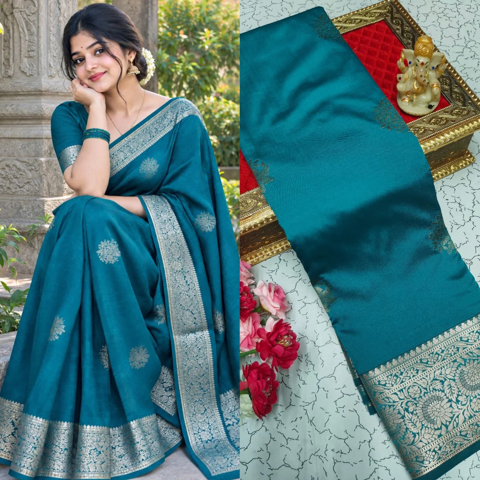 FANCY SOFT SILK SAREES ARS031 - Peacock blue β image 1 of 1
