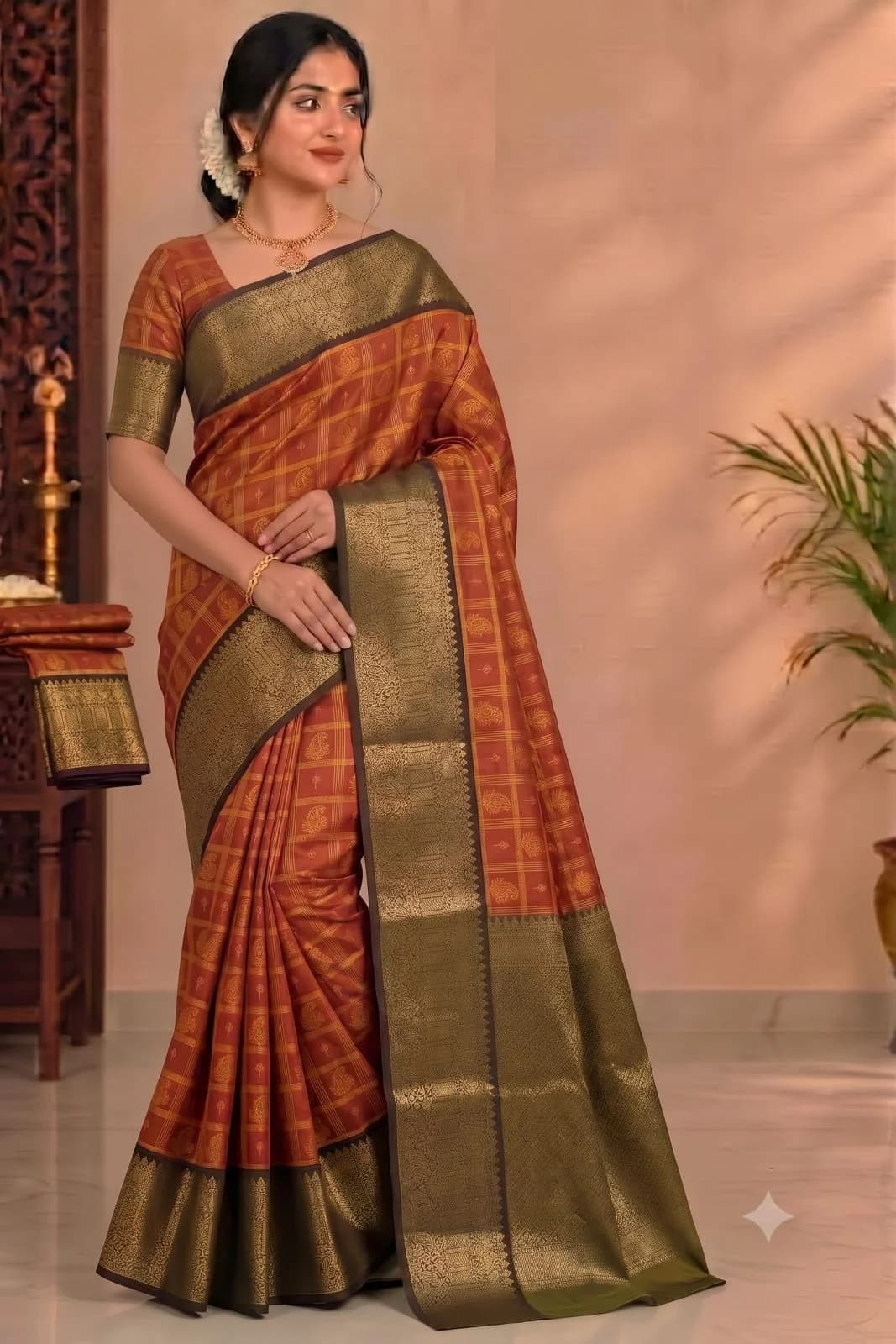 Art Silk Gold Jari Saree SRS005 - Orange