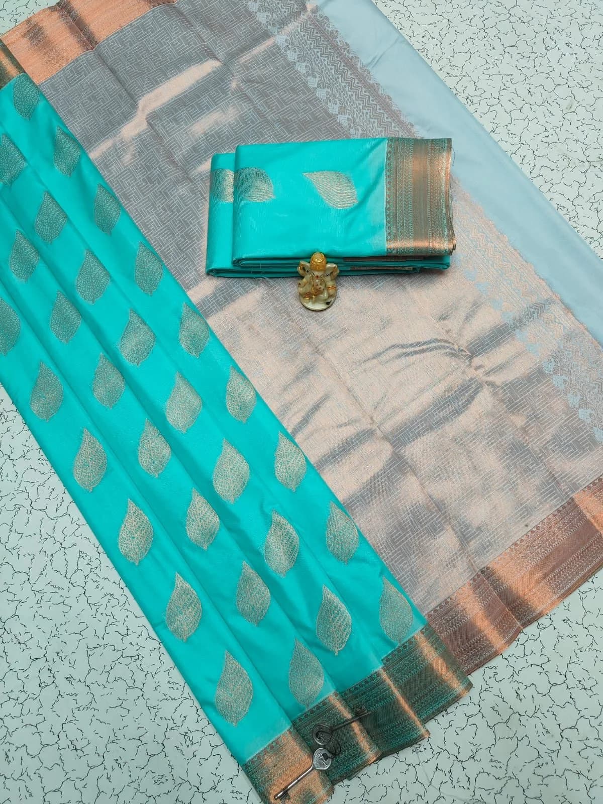 Arani Bordered Software Silk Embossed Saree ARS006 - Turquoise blue