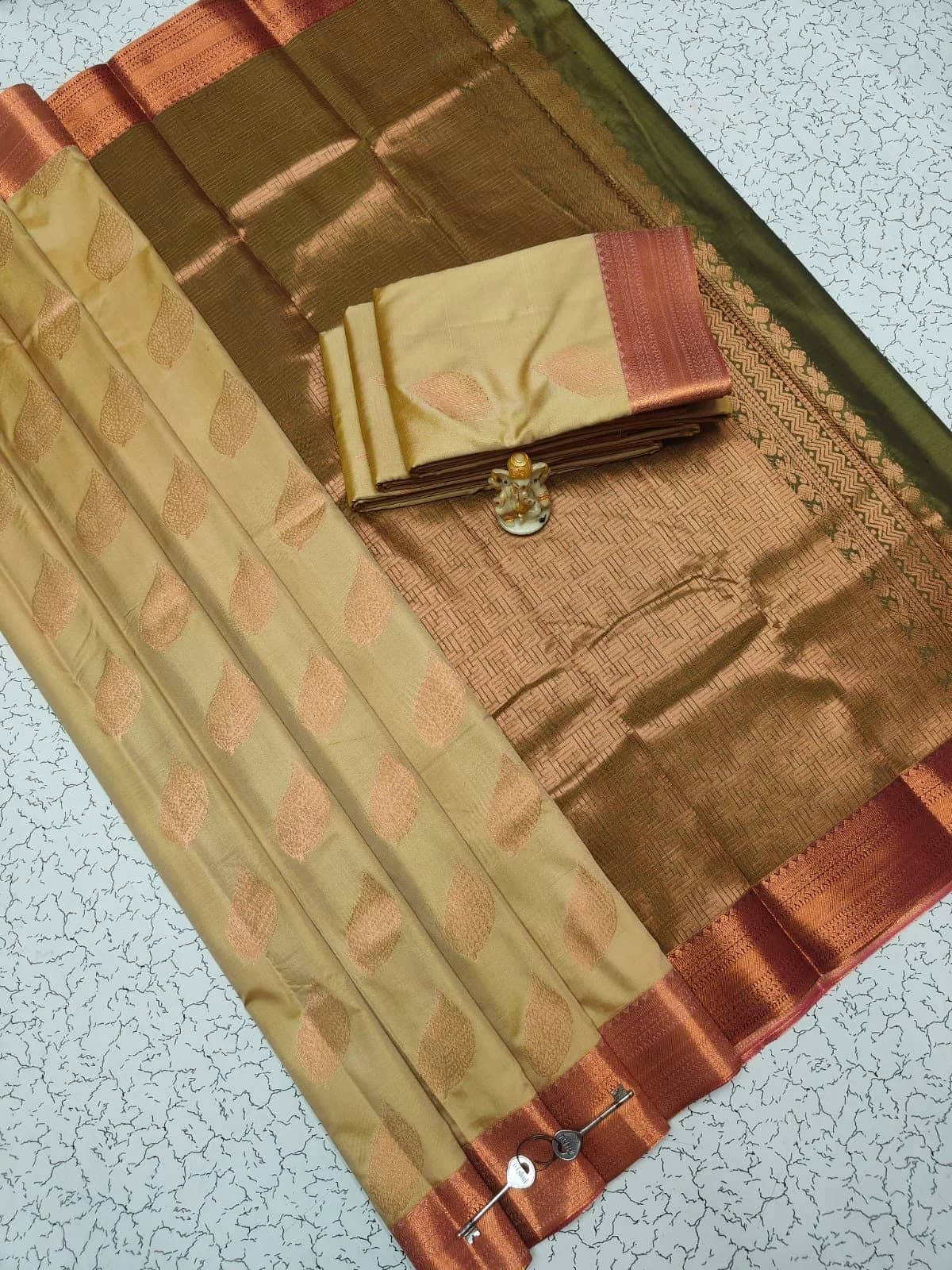 Arani Bordered Software Silk Embosed Saree ARS003 - Biscuit