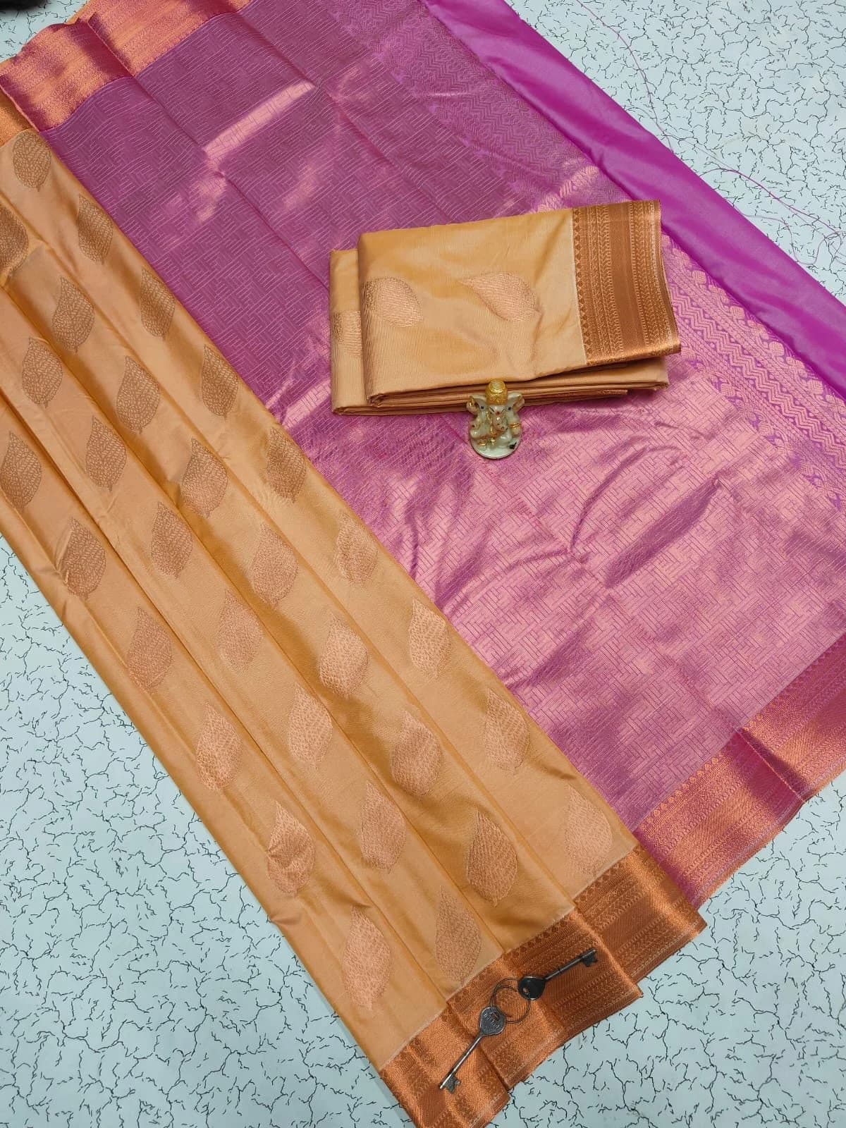 Arani Bordered Software Silk Embossed Saree ARS005 - Peach